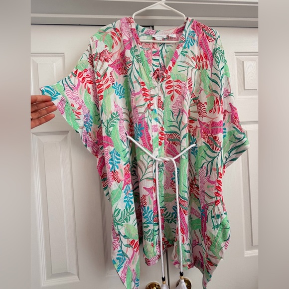 100% Linen Cynthia Rowley Multicolor Tropical Kimono Beach Pool cover up - Picture 8 of 9